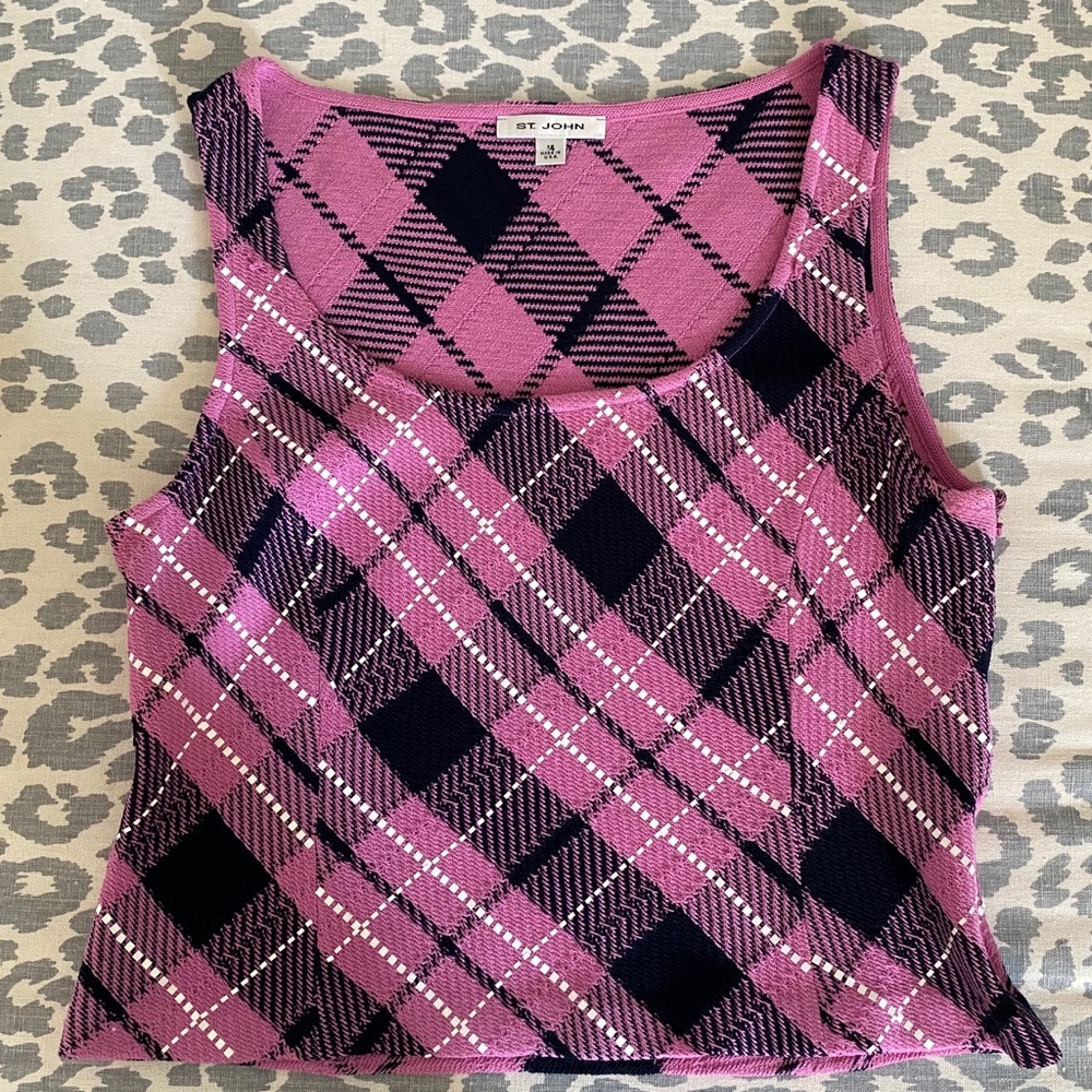 St. John Pink Plaid Knit Top